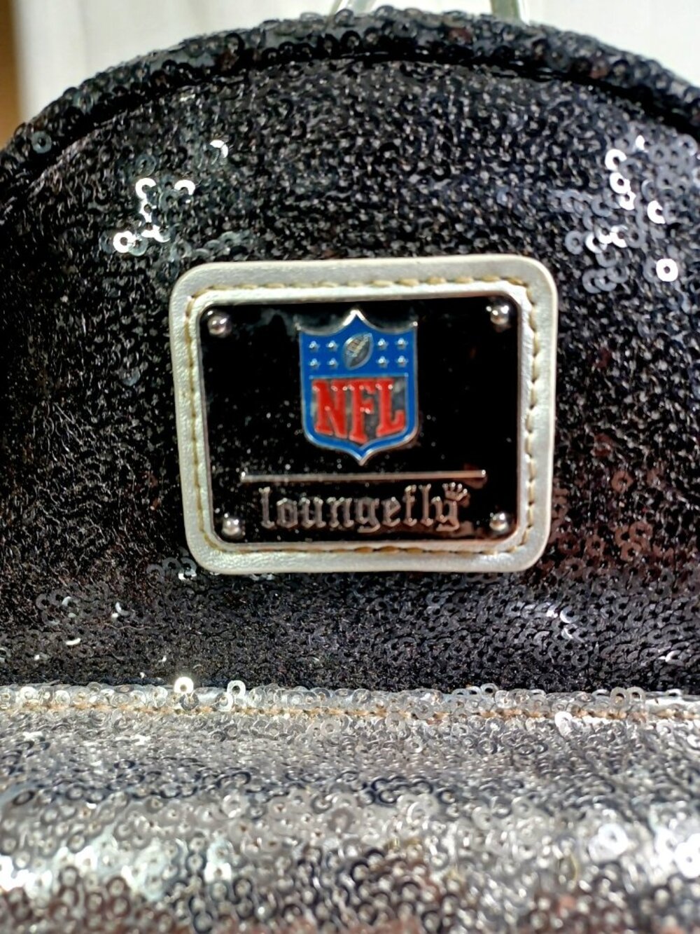 NWT Loungefly NFL Las Vegas Raiders Black Silver Sequin Bling Mini Backpack - Picture 3 of 8